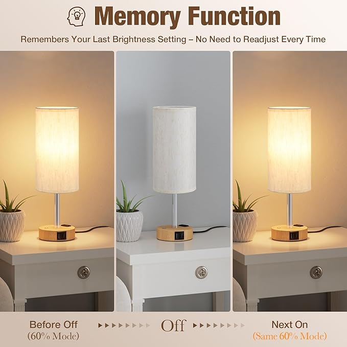 Touch Bedside Table Lamp with Memory - Stepless Dimmable Lamp for Bedroom, Small Nightstand Lamp with Dual USB Charging Ports and AC Outlet, Wood Night Light, Deak Lamp for Nursery, Living Room, Dorm