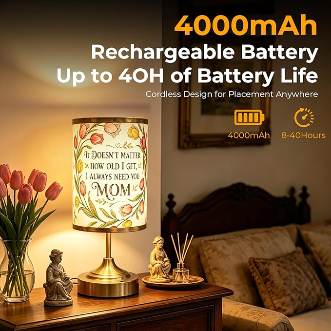 Cordless Table Lamp,Mothers Day Gift for Mom Mother Grandma, 4000mAh Rechargeable Bedside Lamp,3 Color Modes & Stepless Dimming Tulip Desk Lamp, Cute Birthday Gift for Mom Women from Daughter Son