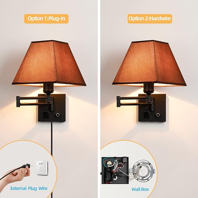 Swing Arm Wall Lamp.Plug in Wall Sconces with USB Port and AC Outlet.Sconces Wall Lighting Coffee Fabric Shade with Dimmable Switch for Hallway Bedroom Living Room.Black Finish.