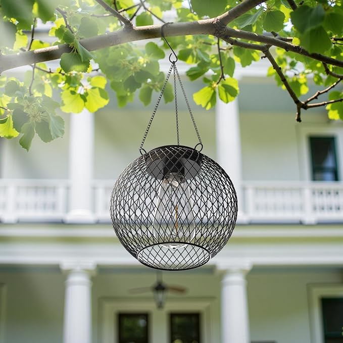 Modern Solar Mesh Globe Pendant Lights, LED Black Metal Hanging Spherical Lanterns with Edison Bulbs, Chain-Mounted, Indoor Outdoor (Black-4-Pack)