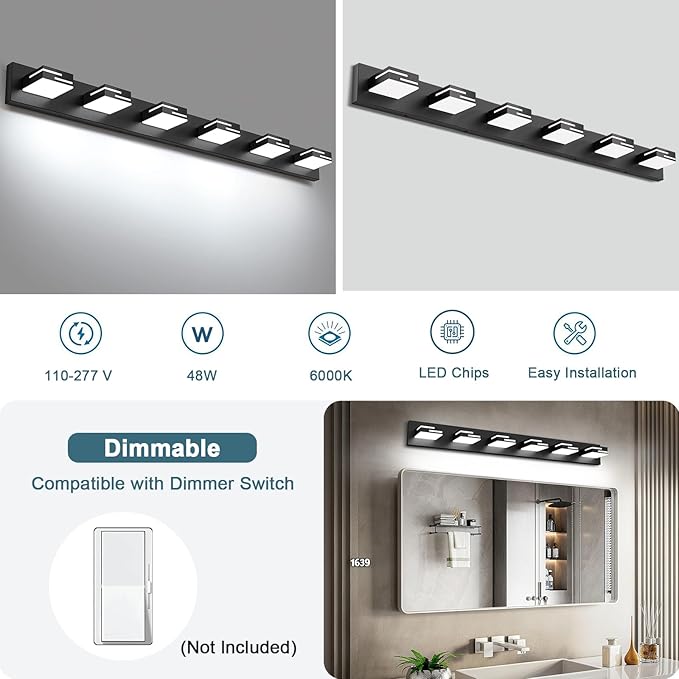 LED Modern Bathroom Vanity Light Fixtures, 6-Light 40-inch Dimmable Matte Black Vanity Lights for Bathroom Lighting Fixtures Over Mirror, with 360° Rotatable Acrylic Heads (Cool White 6000K)