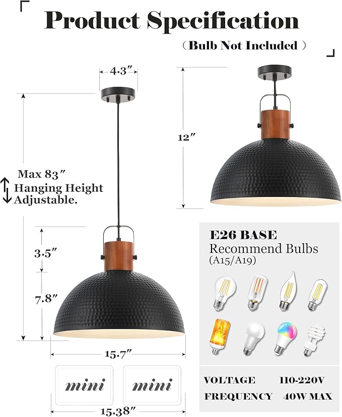 ELYONA 2 Pack Large Ash Wood Hammered Pendant Light Fixtures 16 Inch Metal Dome Ceiling Hanging Lamp, Industrial Kitchen Island Pendant Lighting for Farmhouse, Dining Room,Living Room, Black
