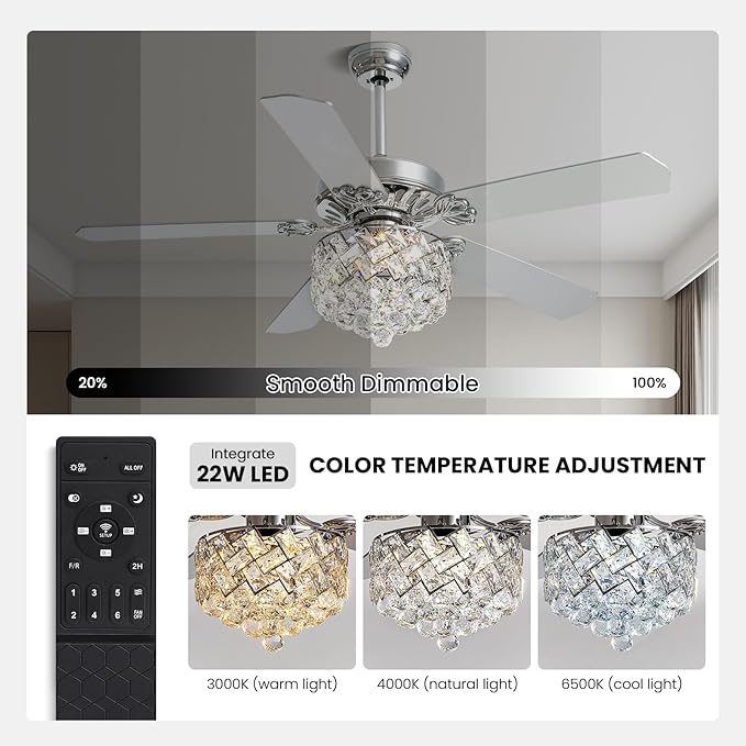 CROSSIO 52" Crystal Ceiling Fan with Light Dimmable LED Chandelier Ceiling Fan Modern Reversible Fandelier Light Fixture with Remote for Bedroom Dining Room Living Room Chrome