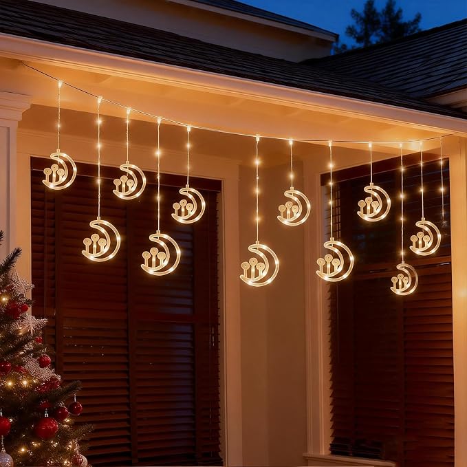 Vigdur Moon Ramadan Curtain Lights, 120 LEDs Warm White Eid Mubark Ramadan Curtain Fairy Lights with Remote & 8 Lighting Modes, Ramadan Decoration Lights for Home Holiday Eid Decorations(10FT)