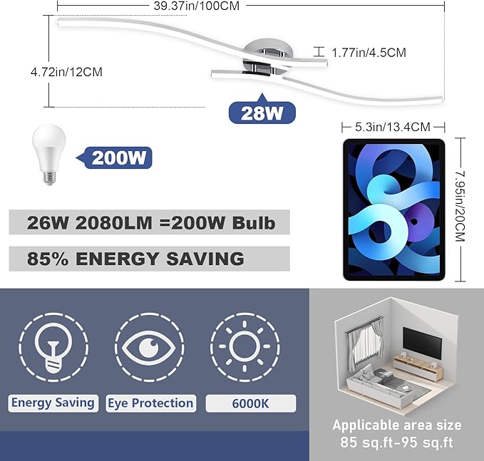 28W Chrome Linear Ceiling Light Modern LED Ceiling Light Fixture 6000K Aluminum 39.37Inch Long Ceiling Lamp for Hallway, Kitchen, Bedroom, Dining Room
