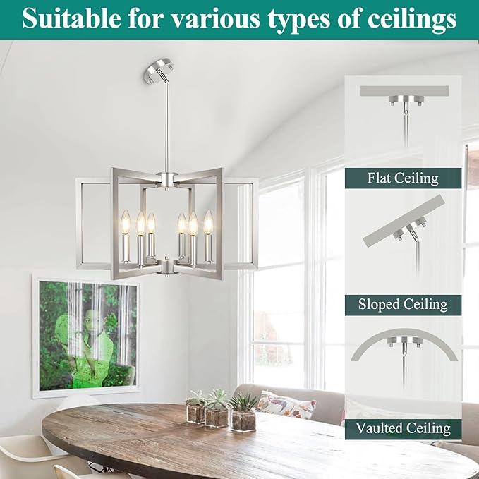 6-Light Brushed Nickel Chandelier, Farmhouse Dining Room Light Fixture, Modern Chandelier, Geometric Industrial Metal Hang Lighting Fixture for Foyer Entryway Kitchen Over Table Hallway Living Room