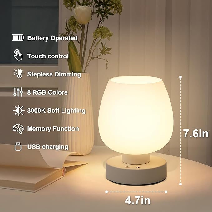 KARTOOSH Cordless Touch Bedside Table Lamp Set of 2, Rechargeable Battery Operated Desk Lamps with 8 RGB Colors, Dimmable Small Glass Nightstand Light for Living Room Bedroom Kitchen Counter