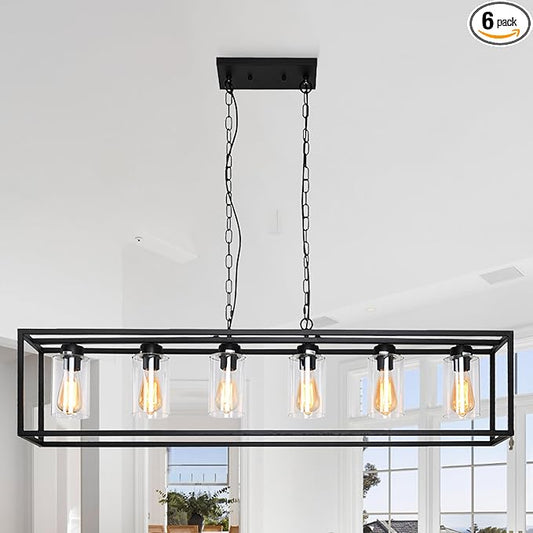 6-Light Black Kitchen Island Lighting with Clear Glass Shade, Modern Farmhouse Dining Room Light Fixtures Over Table, Island Lights for Kitchen, Dining Room, Bar, Foyer