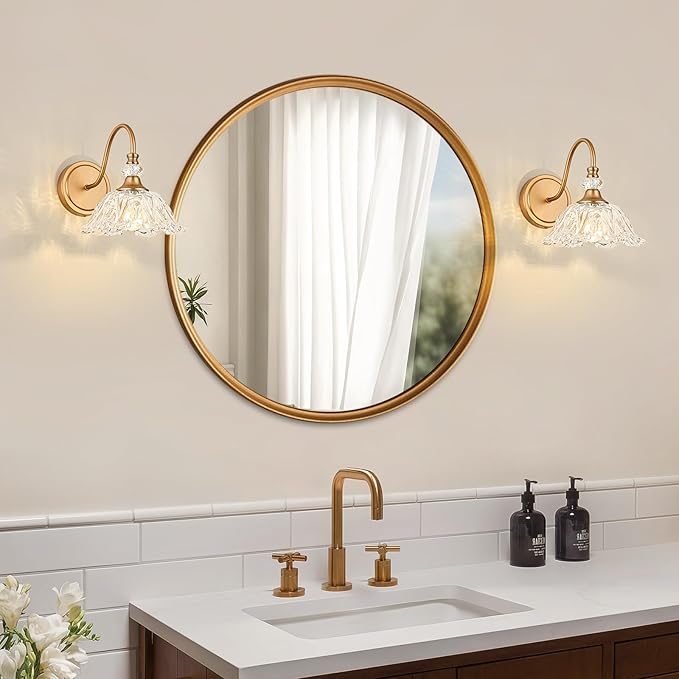1 Piece Vintage Wall Sconce with Floral Clear Glass Shade, Matte Deep Brass Finish Wall Mount Lighting for Bathroom,Vintage Bathroom Vanity Light Fixture