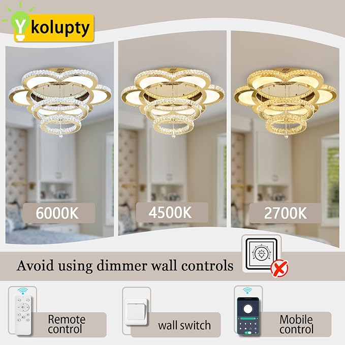 ykolupty W32'' Modern Chandelier for Living Room Crystal Chandeliers Flush Mount Chandelier for Dining Room Bedroom Foyer Dimmable 2700-6000K (Gold Chandelier)