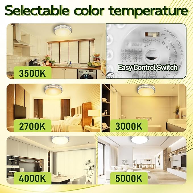 hykolity 16 inch Dimmable LED Flush Mount Ceiling Light Fixture, Nickel, 36W, 2200LM, 2.7/3/3.5/4K/5K Adjustbale, 120°Light Angle, CRI90, Ceiling Lamp for Bedroom, Kitchen, Office, ETL Listed 2Pack