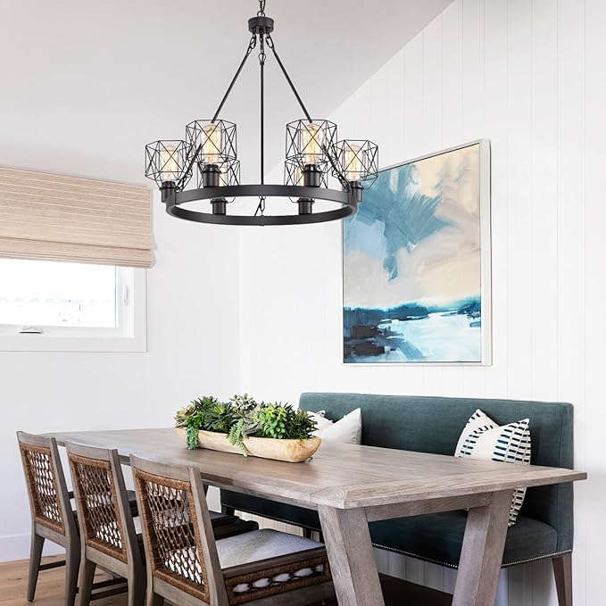 Wagon Wheel Chandelier Modern Farmhouse Pendant Light,Black Farmhouse Chandelier, 6-Light Wagon Wheel Chandelier with Adjustable Height, Dining Room Light Fixture, Hanging Lights