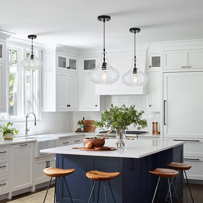 Black Glass Pendant Light Hand-Blown Hammered Glass Shade 11inch Large Modern Pendant Lighting Fixtures for Kitchen Island 1 Light Ceiling Hanging Light for Kitchen Sink Dining Room Hallway, UL Listed