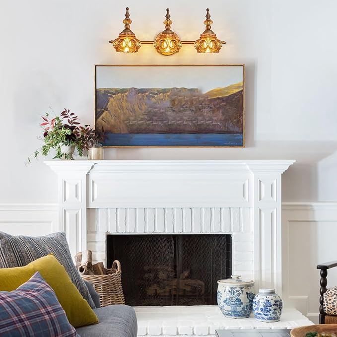 Vintage Bathroom Vanity Light Fixtures, 3-Light Brass Vanity Wall Light Over Mirror with Amber Glass Shade for Bathroom Bedroom Living Room