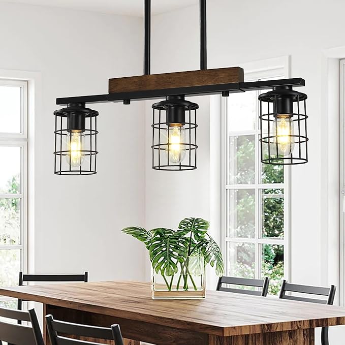 24" Farmhouse Kitchen Light Fixture, Black Hanging Kitchen Chandelier, 3-Light Rustic Dining Room Light Adjustable Height with Wood and Metal Frame, Suit for Farmhouse, Industrial Style