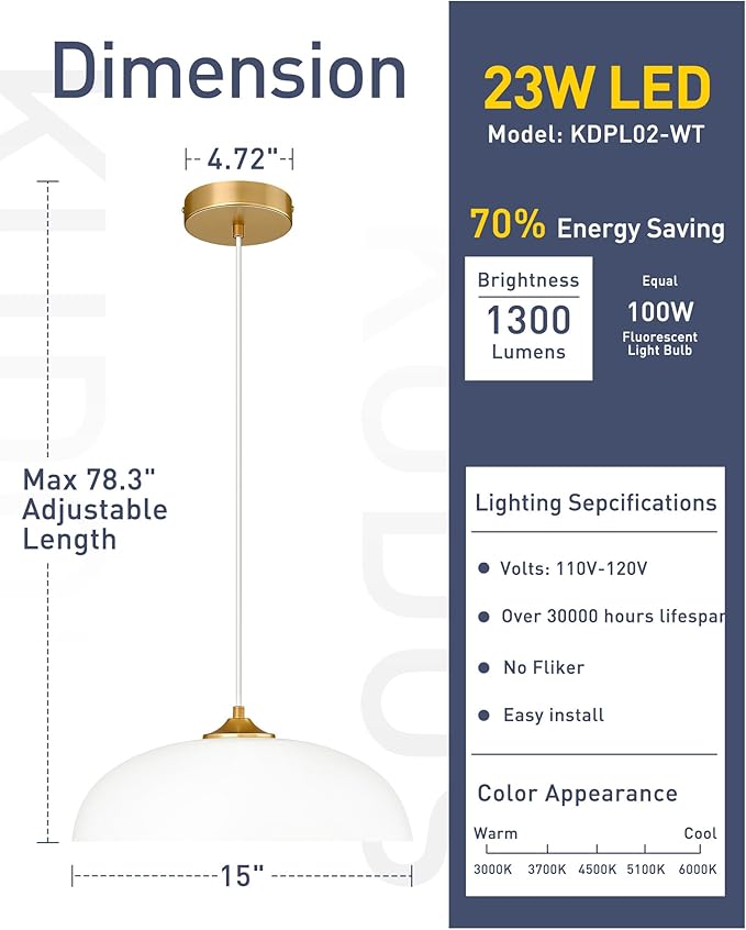 kudos LED Pendant Light Fixtures, Modern White and Gold Pendant Lights, 15 Inch Large Hanging Light Fixtures for Kitchen Island, Dining Room, Living Room, Bedroom, 5CCT Adjustable, KDPL02-WT