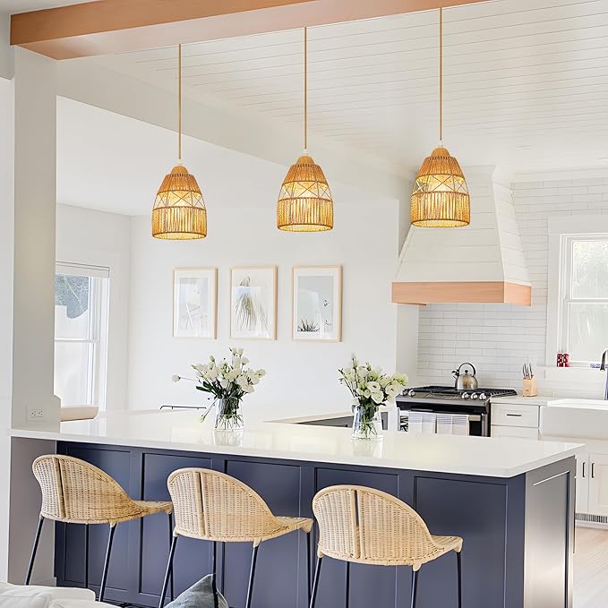 3 Pack Boho Rattan Pendant Light Kitchen Island,Farmhouse Chandeliers Adjustable Height Hanging lamp for Dining Room,Small Kitchen Ceiling Lights Fixtures with Woven Wicker Lampshade Lighting