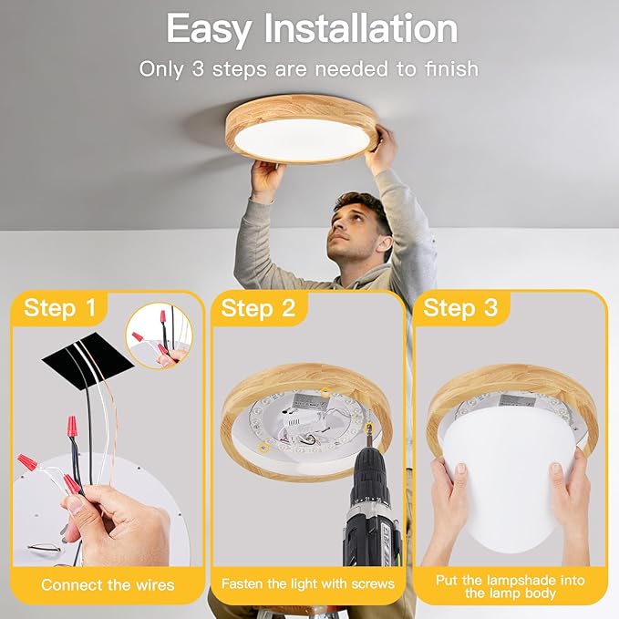Modern Flush Mount Ceiling Light, LED Ceiling Light for Bedroom, Wood Light Fixture Warm White 4500K Not Dimmable, Round Flat Ceiling Lamp for Hallway, Kid's Room, Living Room, (Wood, 11.8")