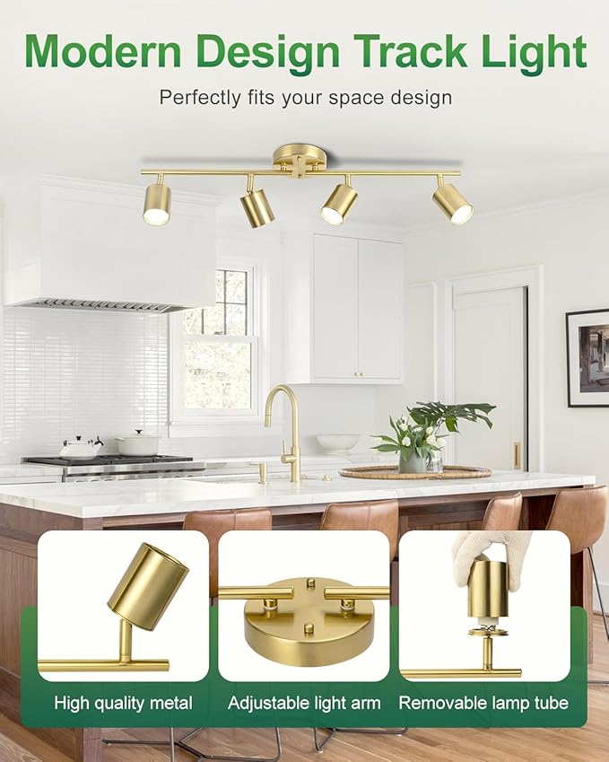 4 Ways Track Lighting, Rotatable Heads Tracks Light, Track Lightings Fixtures Ceiling with Foldable Arms, Brushed Gold Tracks Light for Kitchen, Living Room, Hallway(Bulbs Not Included)