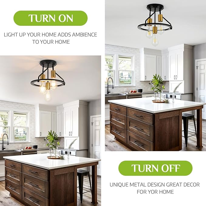 WILON Semi Flush Mount Ceiling Light 3-Light Ceiling Light Fixtures - Industrial Hallway Light Fixtures Black Gold Farmhouse Kitchen Light E26 Socket Ceiling Lamp for Hallway Kitchen Foyer