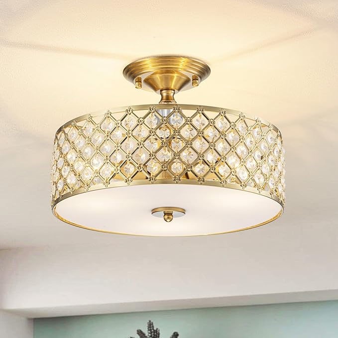 3-Light Gold Semi Flush Mount Ceiling Light Fixture,Modern Drum Crystal Metal Acrylic Round Close to Ceiling Light