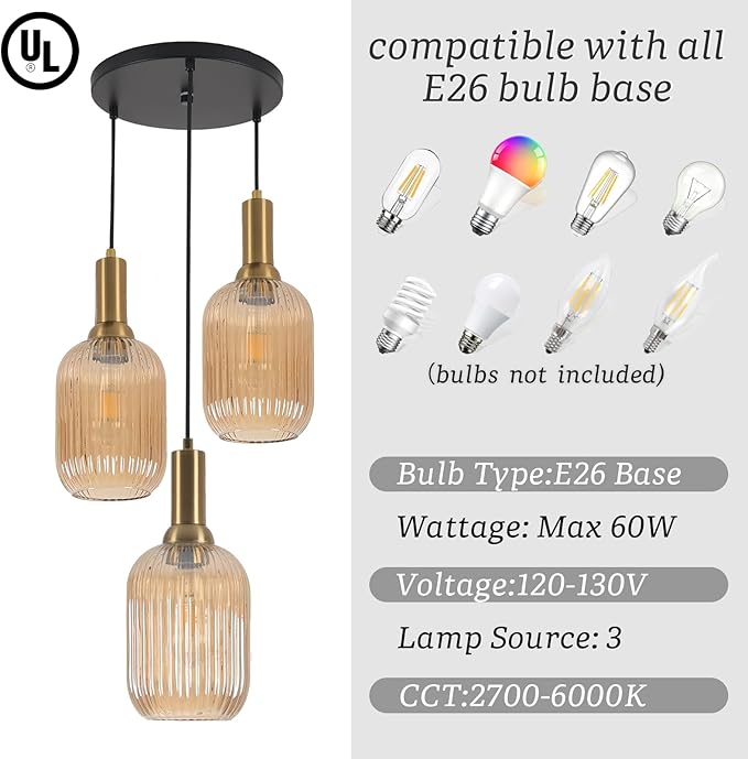 FRIXCHUR 3-Light Pendant, Mid Century Style Glass Shades with E26 Sockets, Adjustable Retro Pendant Light with Gold Accents, Ideal for Kitchen Islands and Living Rooms (Amber)