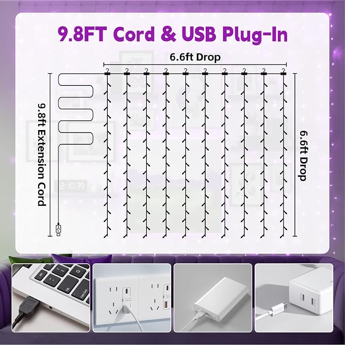 Curtain Light for Bedroom, 200LED 6.6x6.6ft Purple Window Wall Hanging Fairy Curtain String Light, 8 Modes Remote Fairy String Lights Indoor for Wedding Party Home Garden Decorations