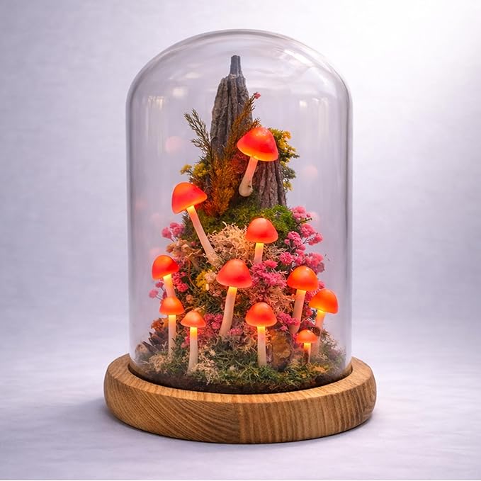 Mushroom Night Light Lamp - Handmade Glass Dome Fairy Light with Solid Wood Base, USB or Wireless, Cozy Aesthetic Bedside Table Decor, Unique Gift | Mystical Red