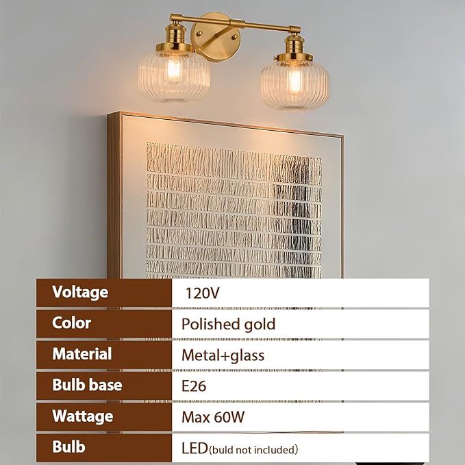 2-Lights Gold Bathroom Vanity Light, Industrial Hardwired Double Sconce Over Mirror with Clear Ribbed Globe Glass Shades, E26 Base Light Fixture for Bathroom Bedroom Hallway Farmhouse Decor