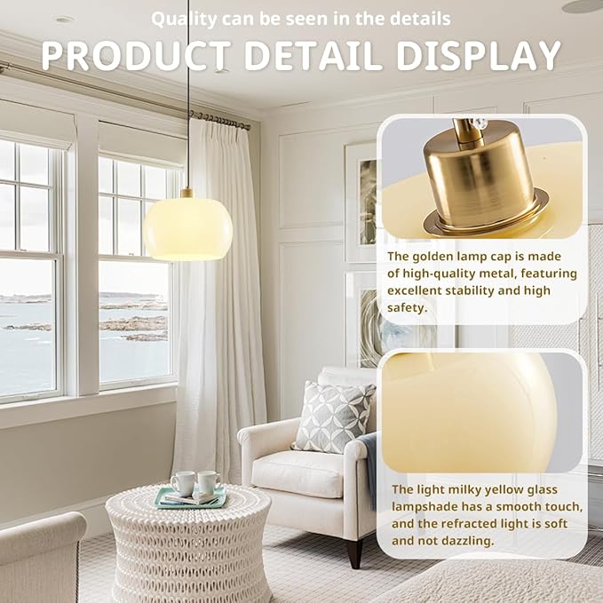 Ceiling Pendant Lights Milk Yellow Glass Pendant Lamps Gold Brushed Brass Light Fixtures Single Small Hanging Lights for Kitchen Sink Dining Room Bedroom