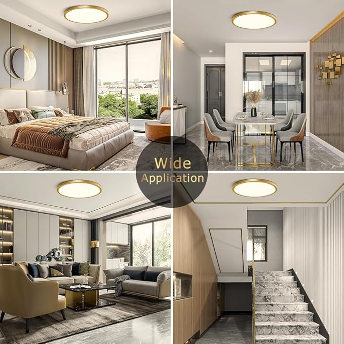 12Inch Gold Flush Mount Ceiling Light Fixture , 24W(240W Equivalent), 3200LM, 4000K Natural White, IP40, Flat Modern Round LED Ceiling Lights for Bedrooms, Living Rooms, Bathrooms, Stairwells, etc.