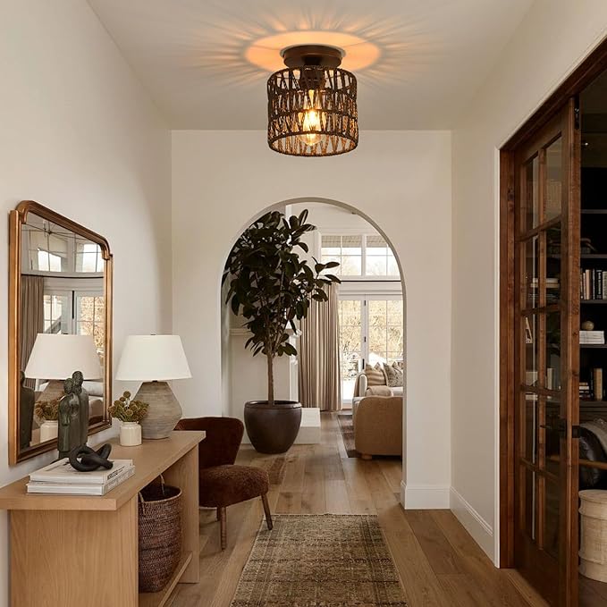 Ceiling Light Fixture,Hand-Woven Rattan Flush Mount Ceiling Light,Farmhouse Light Fixtures Ceiling Mount Boho for Hallway Bedroom Kitchen Entryway Living Room