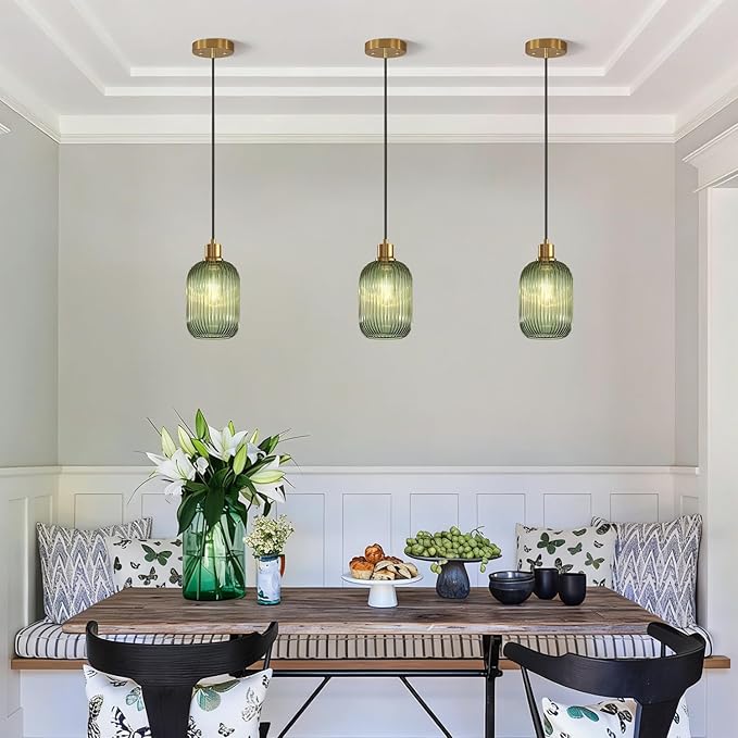 2 Pack Pendant Lights with Vintage Green Ribbed Glass Lampshade, Adjustable Brushed Gold Pendant Lights Fixtures for Kitchen Island Lighting Sink, Dining & Living Room Hallway (Bulbs Not Included)