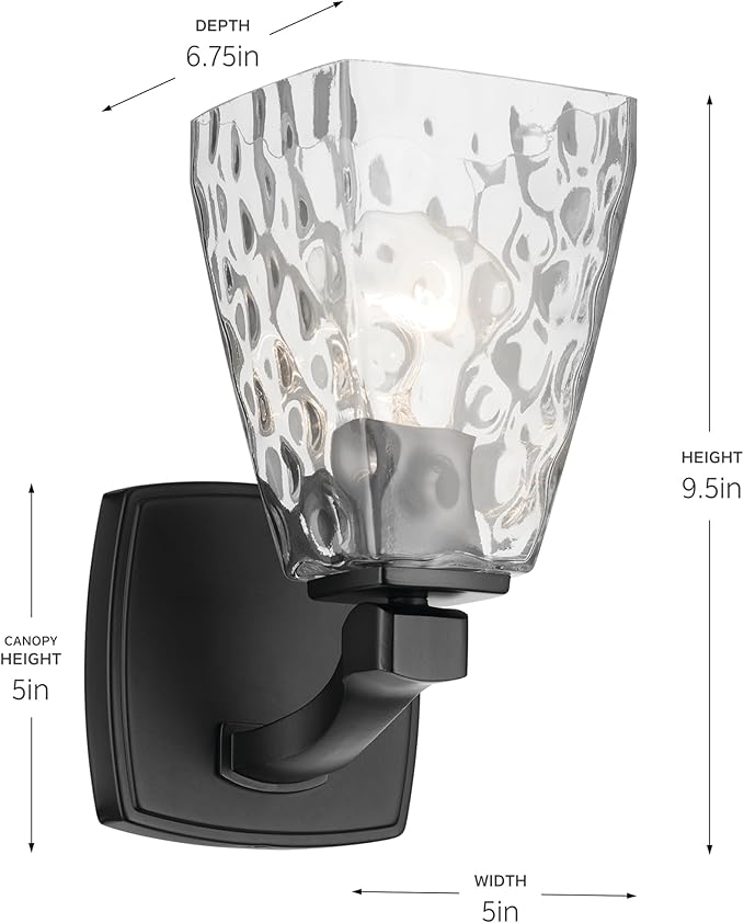 Kichler Marant 5" 1-Light Wall Sconce Bathroom Light Fixture with Clear Water Glass in Black, Modern Vanity Light for Bathroom, Powder Room, Hallway (5" W x 9.5" H), 55214BKWTR