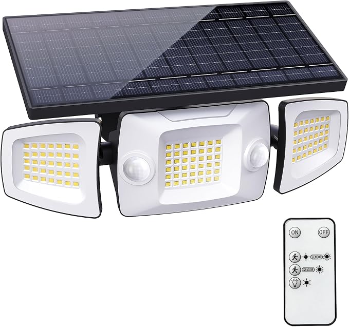 Deepn Solar Motion Sensor Lights, IP67 Waterproof Solar Security Lights with Dual Motion Sensors, 270° Angle 3 Heads Outdoor Flood Lights with Remote, 3 Modes Flood Wall Light for House Garage