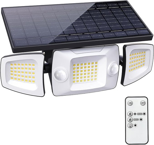 Deepn Solar Motion Sensor Lights, IP67 Waterproof Solar Security Lights with Dual Motion Sensors, 270° Angle 3 Heads Outdoor Flood Lights with Remote, 3 Modes Flood Wall Light for House Garage