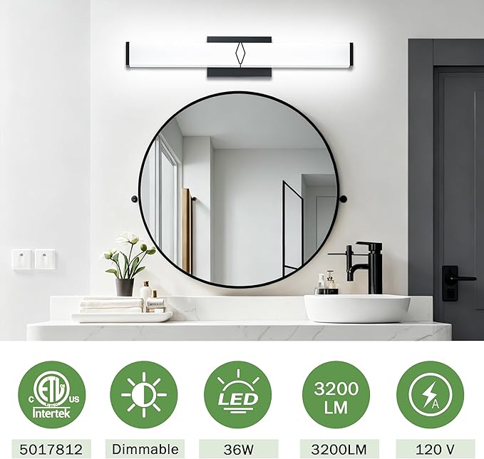 32 Inch Bathroom Vanity Light 3200LM, 5700K Daylight White Modern Bathroom Light Dimmable, AC 120V 36W Matte Black LED Vanity Lighting Fixtures Wall Sconce ETL Certified, 1Pack
