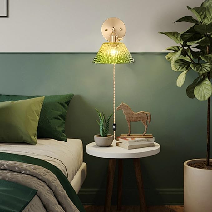 Plug in Wall Sconces Set of 2, Vintage Wall Sconce Light with Gradient Green Glass Lampshade, Bedroom Wall Sconce with Switch and Plug in wall lamp Cord, Gold Wall Light Wall Decor Set of 2