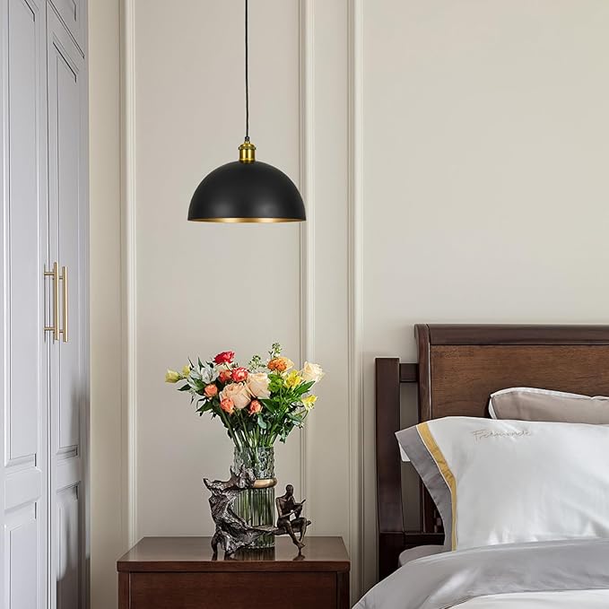 Pendant Lights Kitchen Island - 12-Inch Farmhouse Dome Hanging Light Fixture, Black and Gold Industrial Ceiling Light Adjustable Kitchen Pendant Lighting for Dining Room, Bedroom, Living Rooms