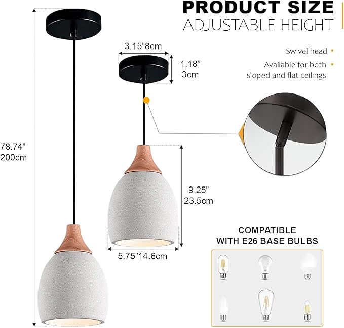 3 Pack Kitchen Island Concrete Pendant Lights with Dimmable LED Suspension Hanging Lamps 5.75In Cement Chandeliers Adjustable Hanging Ceiling Pendant Light for Foyer Bedsid Dining Room (Gray)