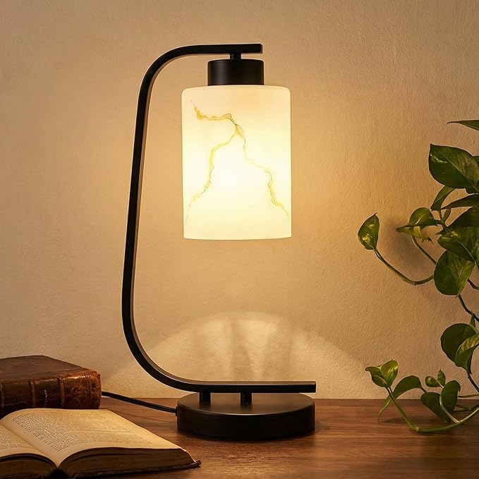 Modern Industrial Table Lamp, Marble Pattern Glass Shade Desk Lamp with C-Shaped Black Metal Base, Bedside Nightstand Lamp for Bedroom, Living Room, Office, E26 Base