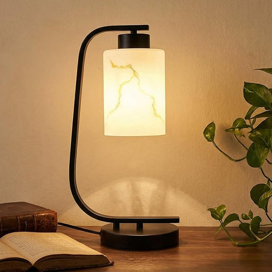 Modern Industrial Table Lamp, Marble Pattern Glass Shade Desk Lamp with C-Shaped Black Metal Base, Bedside Nightstand Lamp for Bedroom, Living Room, Office, E26 Base