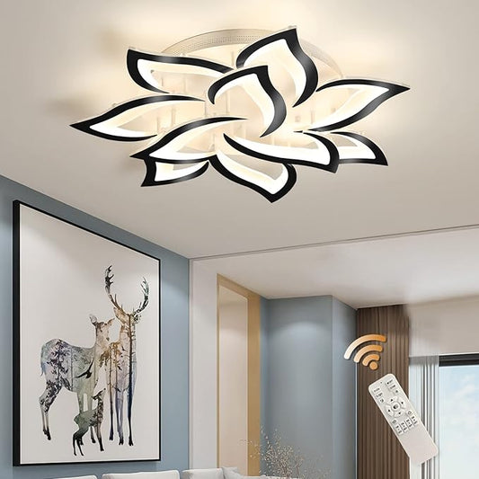 Garwarm Modern LED Ceiling Lights,Dimmable Flush Mount Ceiling Lamp Fixture, Black Petals Flower Shape Ceiling Light Chandelier Lighting for Bedroom Living Dining Room (72W, Black)