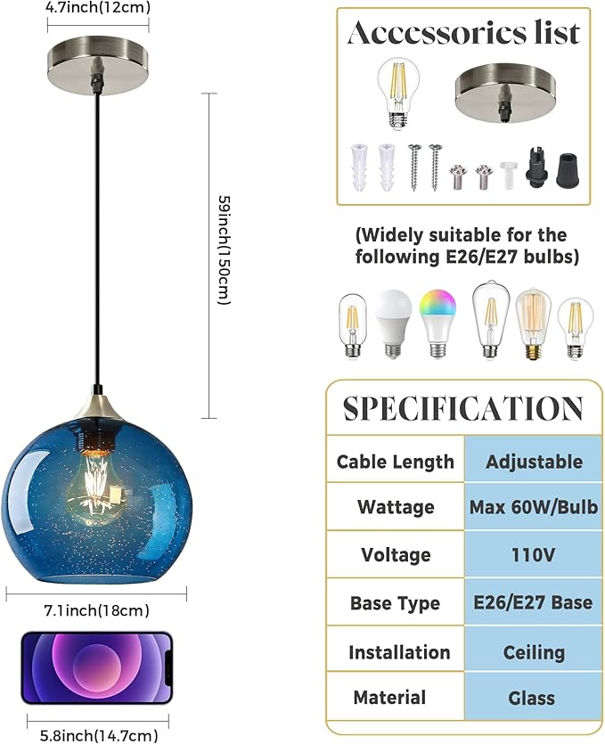 7.1in Medium Blue Glass Pendant Light for Kitchen Island, 3-Pack with Extra LED Bulbs & 4.92ft Adjustable Cord | Modern Minimalist Lighting for Dining Room, Living Room, Entryway