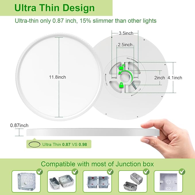 hunhun 2 Pack 3200lm LED Flush Mount Ceiling Light 12 Inch, 5CCT Adjustable,Super Slim 0.87 inch led Ceiling Light Fixture for Bedroom, Living Room, Dining Room (White, 2-Pack)