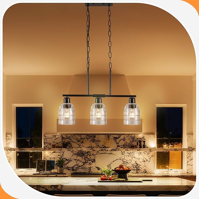 FRIXCHUR Black Kitchen Island Lighting, 3-Light Linear Chandelier with Clear Glass Shades, Modern Pendant Light for Dining Room & Kitchen, Adjustable Height, E26 Bulb Compatible, Metal in Black
