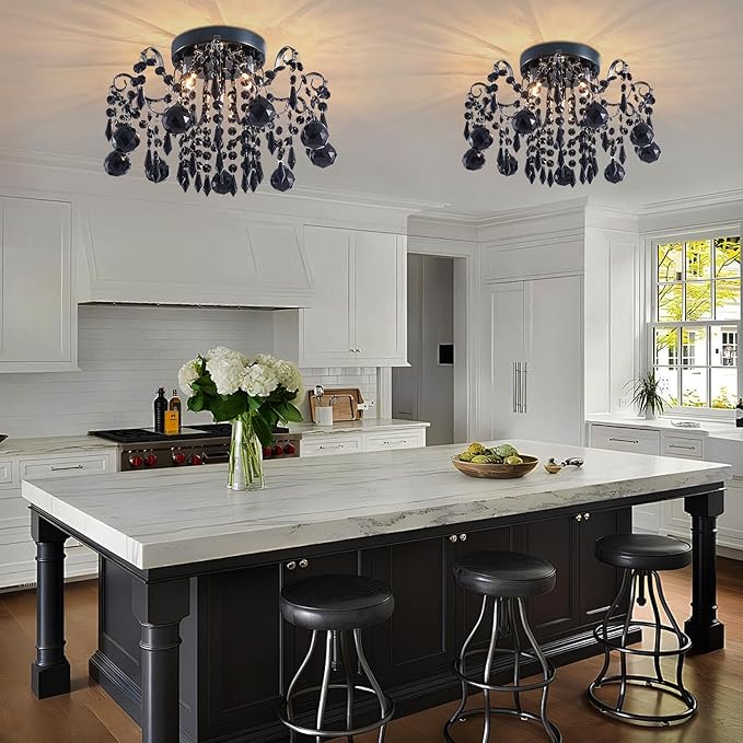 Rain Drop Crystal Small Crystal Chandelier Ceiling Light 3-Light Fixture Modern Chrome Iron Material Suitable for Bedrooms, Hallways, Walk-in Closets, Entryways, Stairwells (Black)