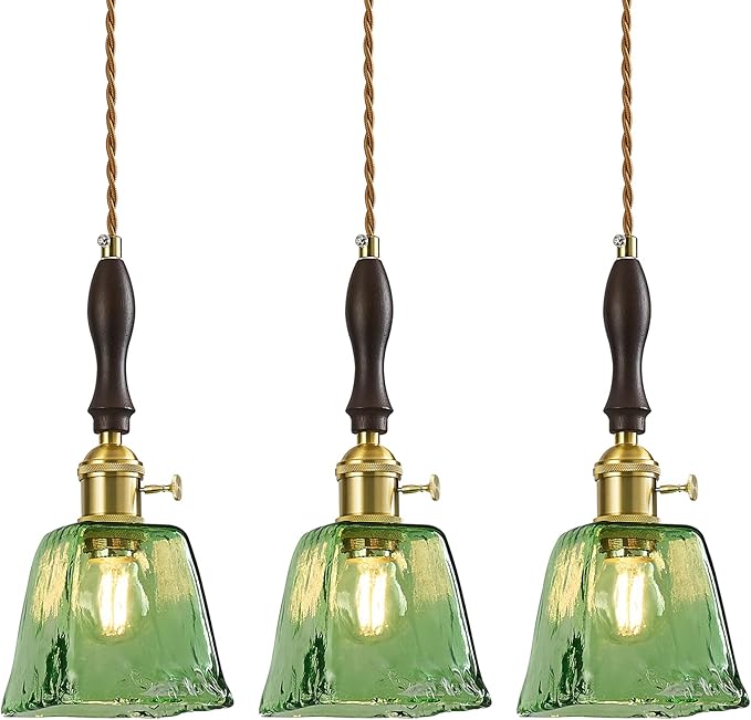 Green Glass Vintage Pendant Light Height Adjustable Handmade Glass Pendant Lights Kitchen Island Gold Hanging Light Fixture with Wood Handle for Bedroom Dining Room Hotel (3 Pack)