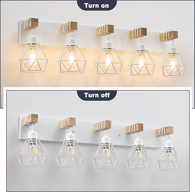 White Bathroom Vanity Light Fixtures, 5-Light Wood Bathroom Light Fixtures Over Mirror, Rustic Sconces Wall Lighting with Elegant Metal Lampshade for Living Room, Bedroom, Hallway