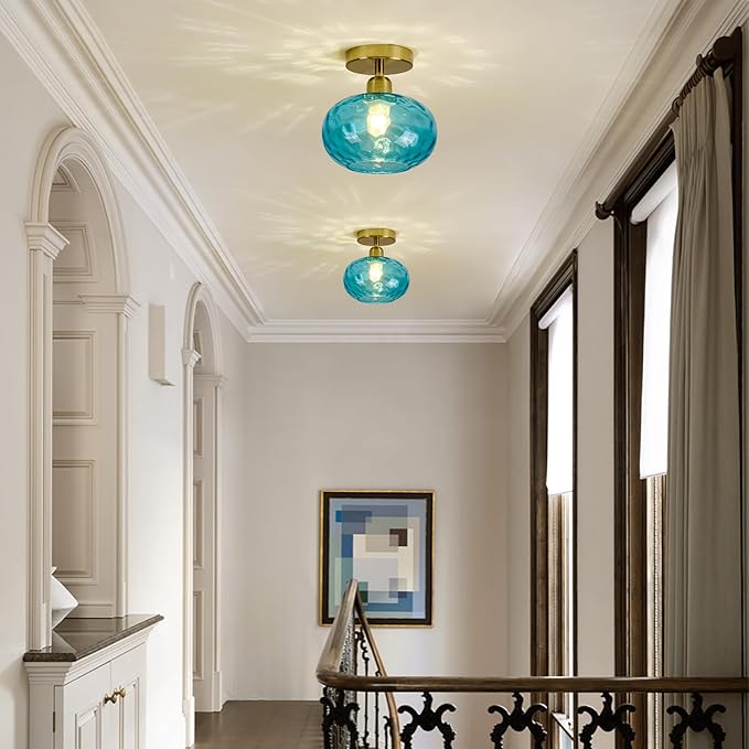 Blue Glass Semi Flush Mount Ceiling Light - 2 Pack,7.9 Inch Hammered Glass Small Hallway Light fixtures, Vintage Gold Art Deco Flush Mount Ceiling Light for entryway Foyer Laundry Room Kitchen
